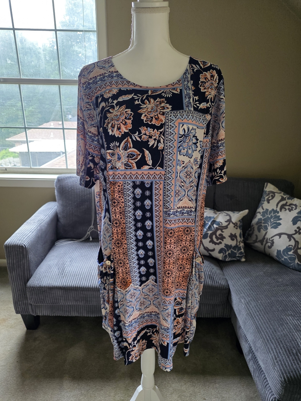Enfocus Studio Navy and Peach Patchwork Midi Dress 18W 2X